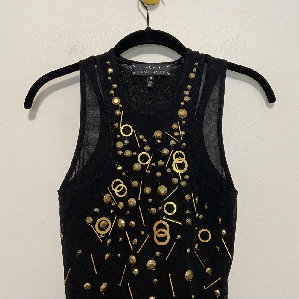 Robert Rodriguez Black Gold Embellished Double Layer Racerback Tank Top - Picture 2 of 7